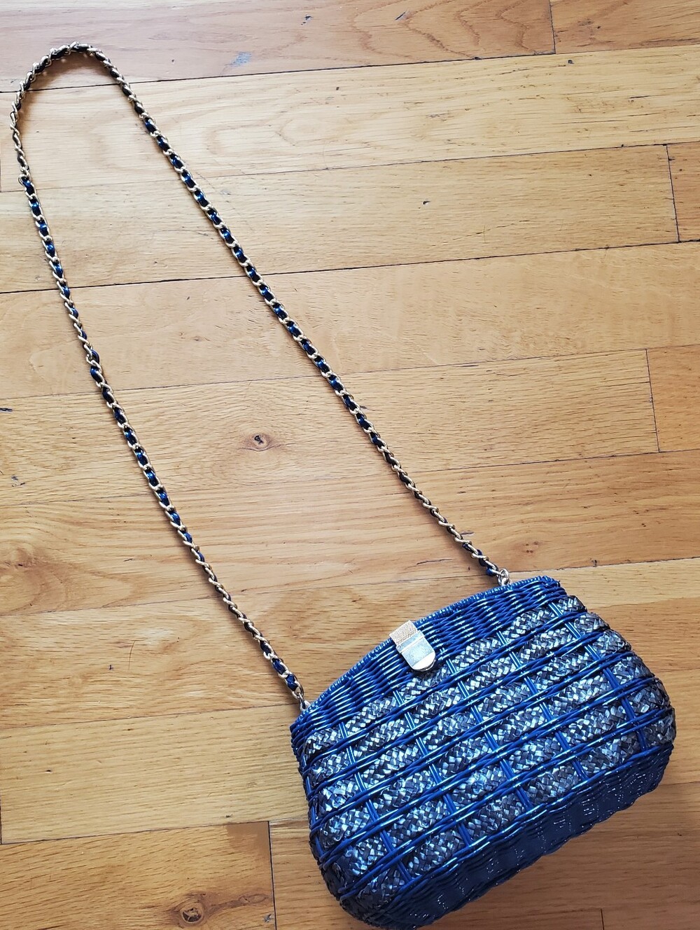 Navy Blue Woven Crossbody Bag with Gold Chain Strap
